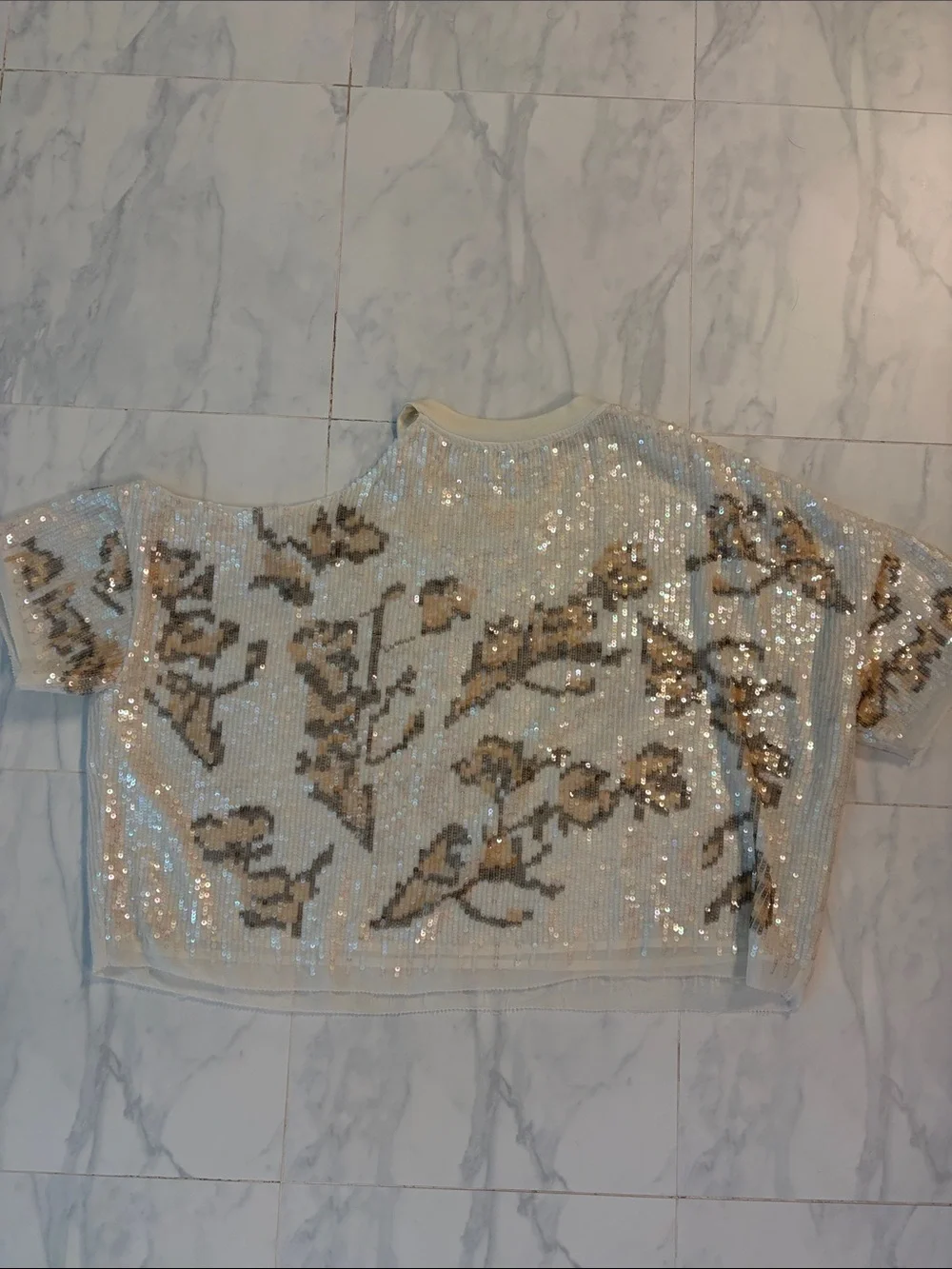 Free People Cream Sequin Cold-Shoulder Floral Crop Top